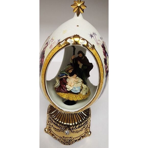 Home For The Holiday Porcelain Egg-Shaped Musical Box Revolving Nativity/Santa - Picture 15 of 16
